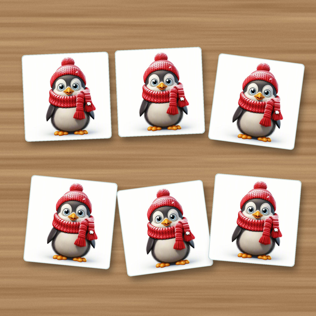 Cheerful Penguin in Red Hat & Scarf square glass coasters, set of 6, on an oak coffee table