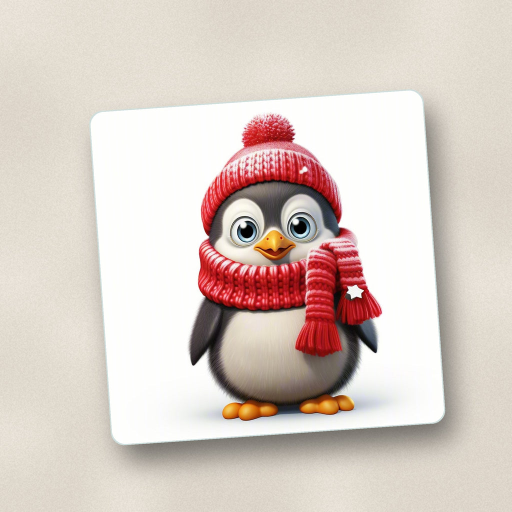 Close-up of one cheerful penguin in red hat & scarf square glass coaster, flat UV print