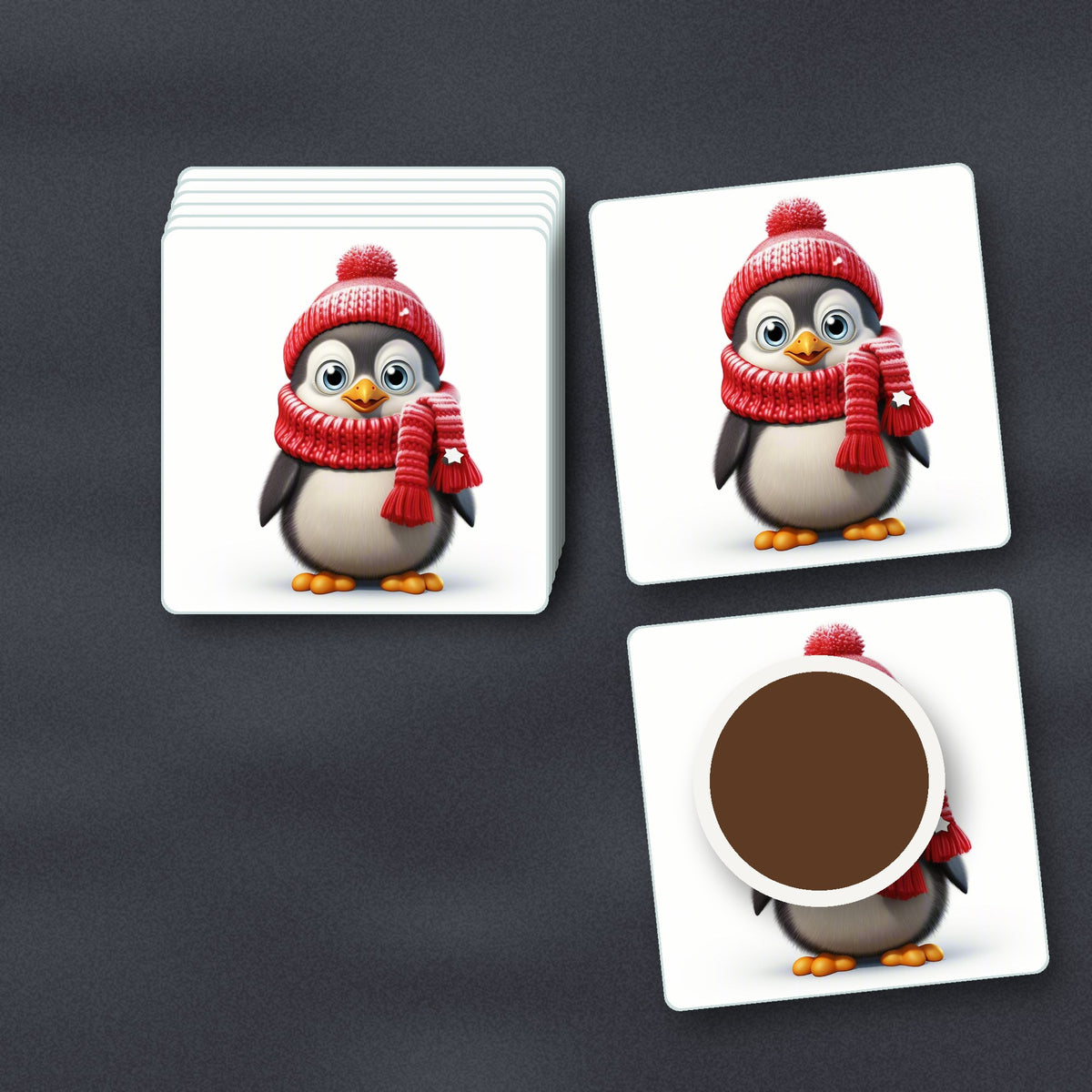 Cheerful Penguin in Red Hat & Scarf square glass coasters stacked on a slate kitchen worktop