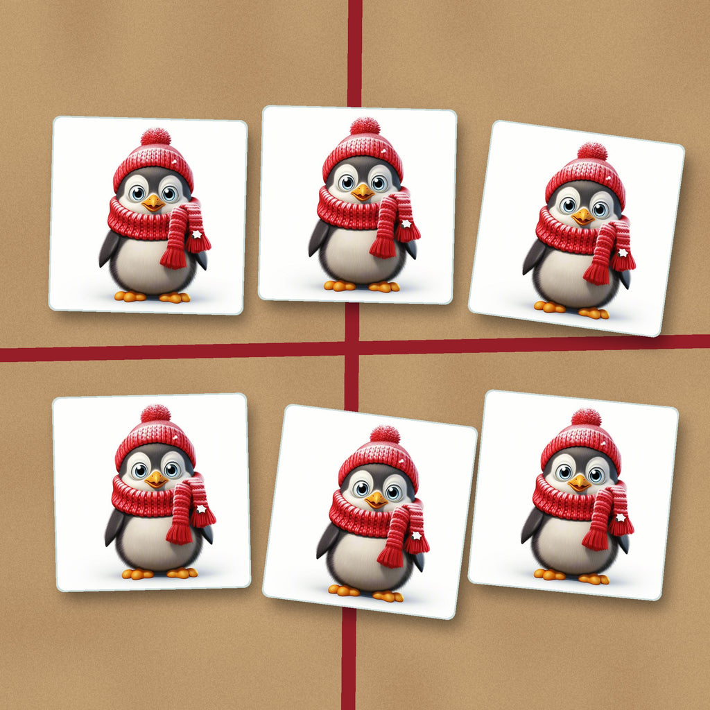 Cheerful Penguin in Red Hat & Scarf square glass coasters on kraft gift wrap
