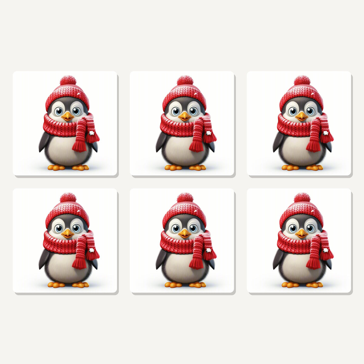 Flat lay of the cheerful penguin in red hat & scarf artwork on six square coasters