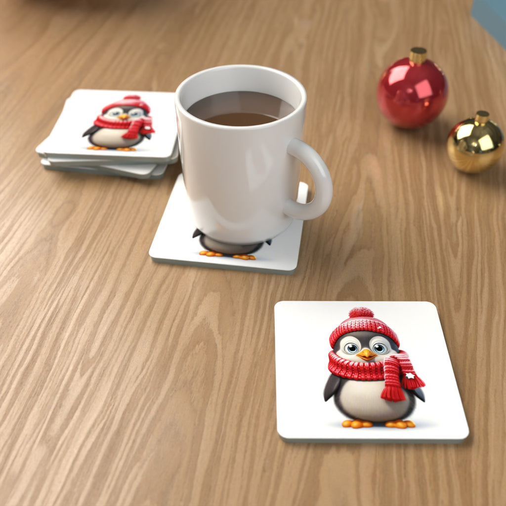 Cheerful Penguin in Red Hat & Scarf Square Glass Coasters – Set of 6 – lifestyle mockup with a mug of coffee