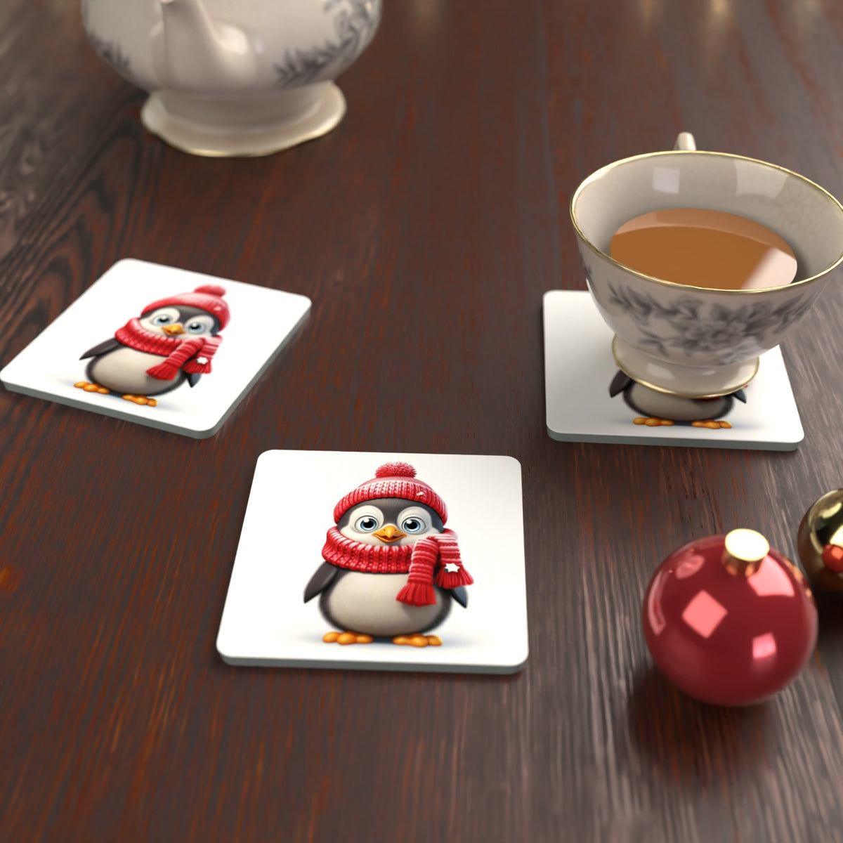 Cheerful Penguin in Red Hat & Scarf Square Glass Coasters – Set of 6 – lifestyle mockup with a teacup