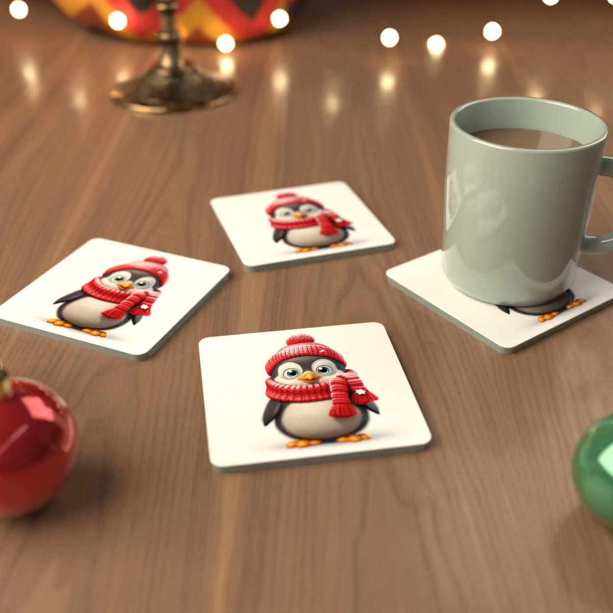 Cheerful Penguin in Red Hat & Scarf Square Glass Coasters – Set of 6 – cosy lifestyle mockup