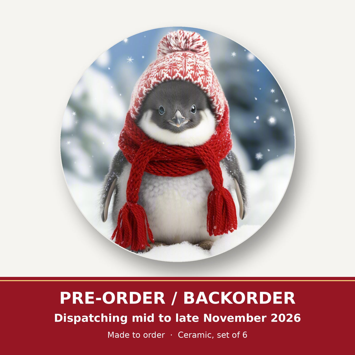 Penguin Chick in the Snow round ceramic coaster set of 6 – pre-order / backorder, dispatching mid to late November 2026
