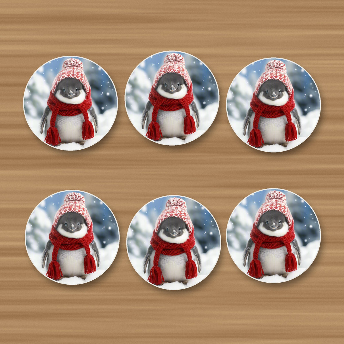Penguin Chick in the Snow round ceramic coasters, set of 6, on an oak coffee table
