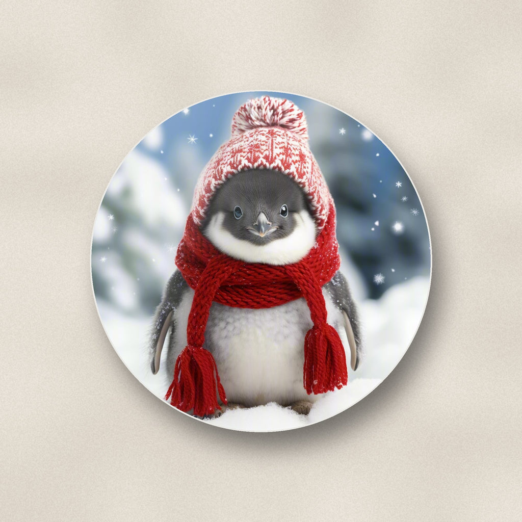 Close-up of one penguin chick in the snow round ceramic coaster, flat UV print