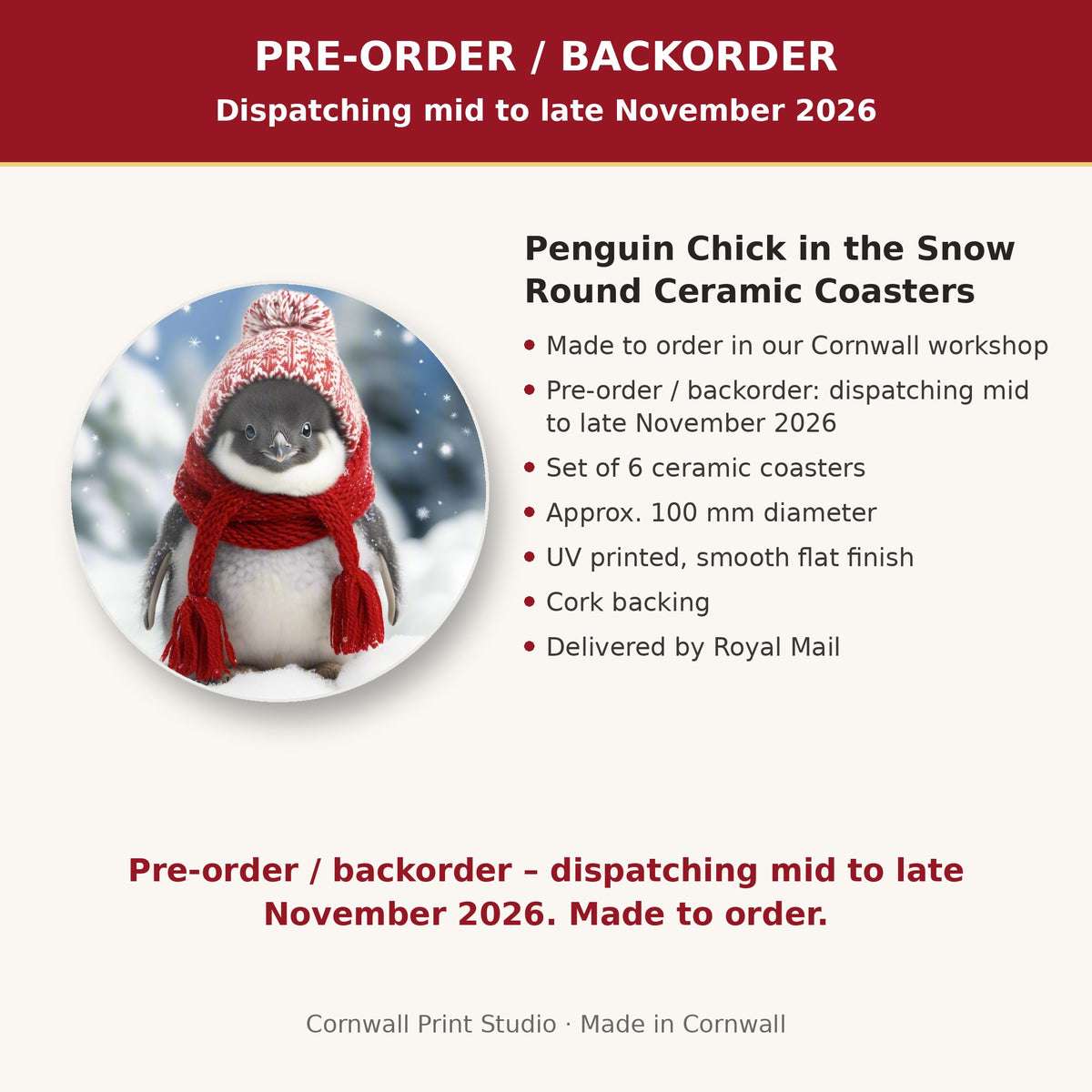 Info card: Penguin Chick in the Snow Round Ceramic Coasters – Set of 6, made to order, dispatching mid to late November 2026, delivered by Royal Mail