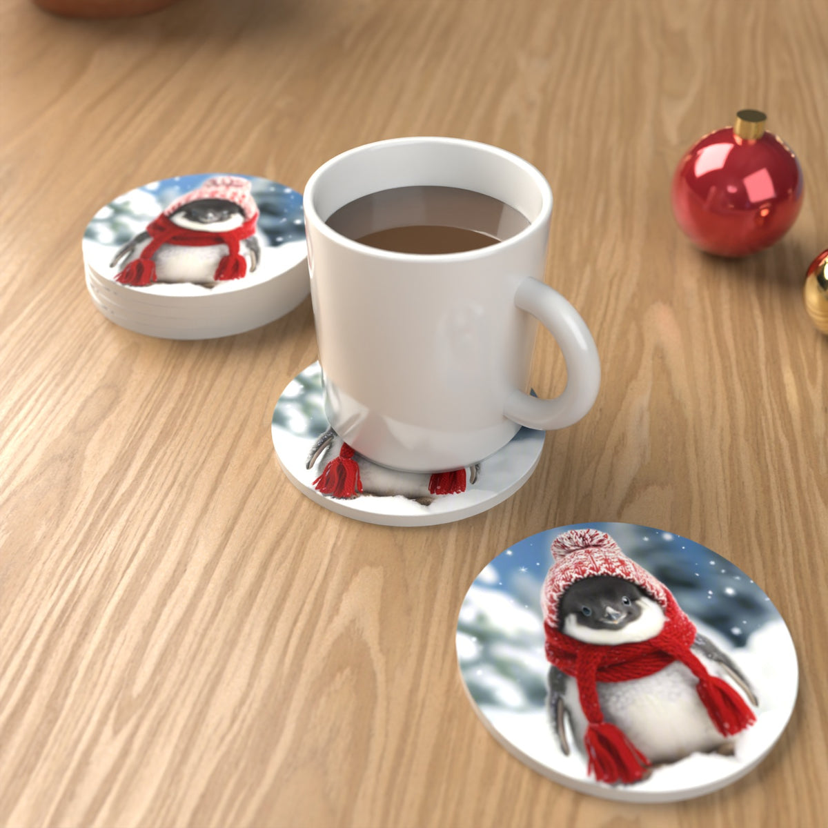 Penguin Chick in the Snow Round Ceramic Coasters – Set of 6 – lifestyle mockup with a mug of coffee