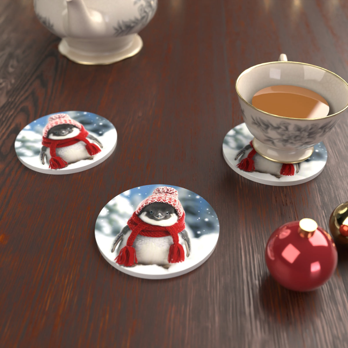 Penguin Chick in the Snow Round Ceramic Coasters – Set of 6 – lifestyle mockup with a teacup