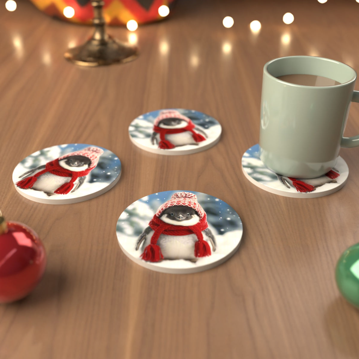 Penguin Chick in the Snow Round Ceramic Coasters – Set of 6 – cosy lifestyle mockup