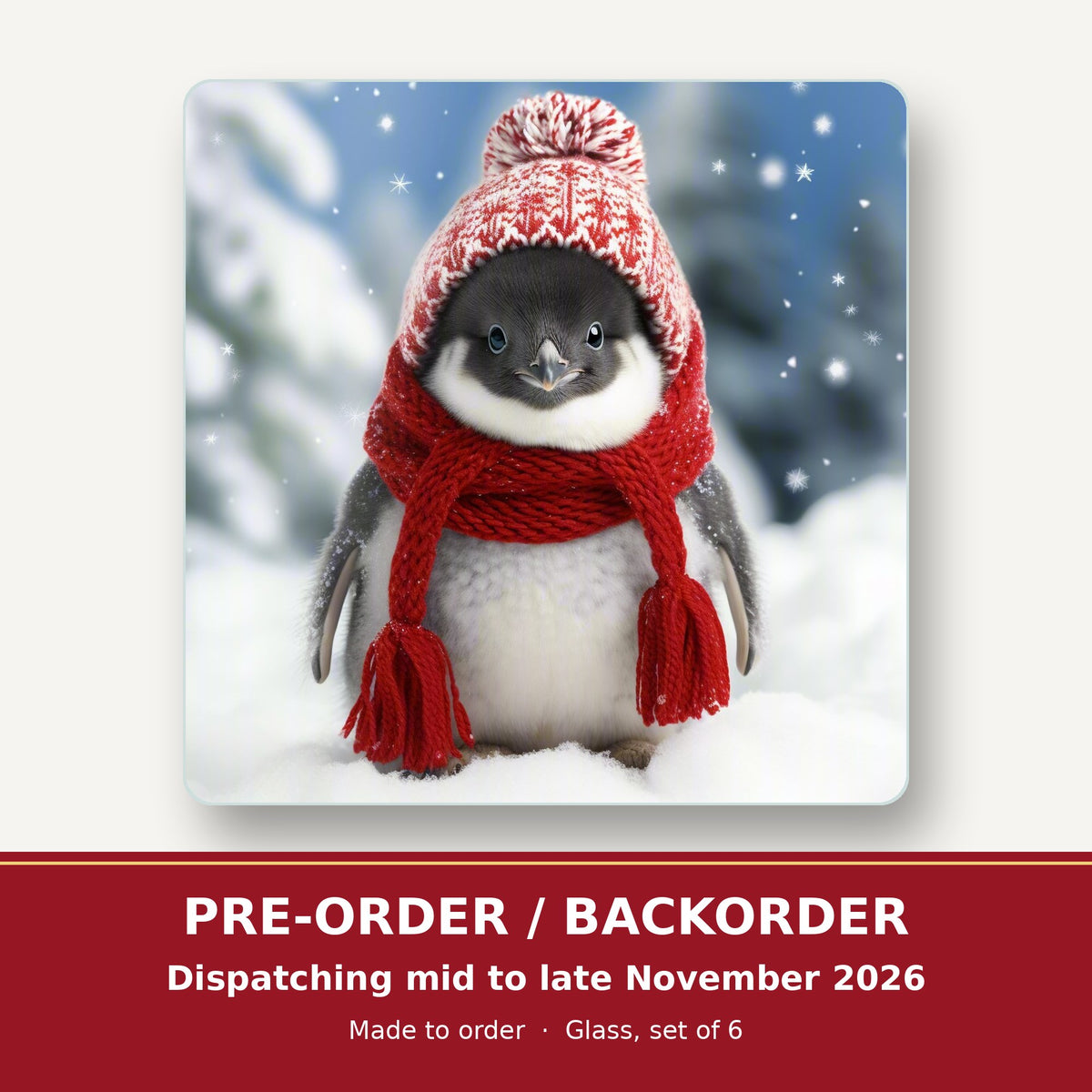 Penguin Chick in the Snow square glass coaster set of 6 – pre-order / backorder, dispatching mid to late November 2026