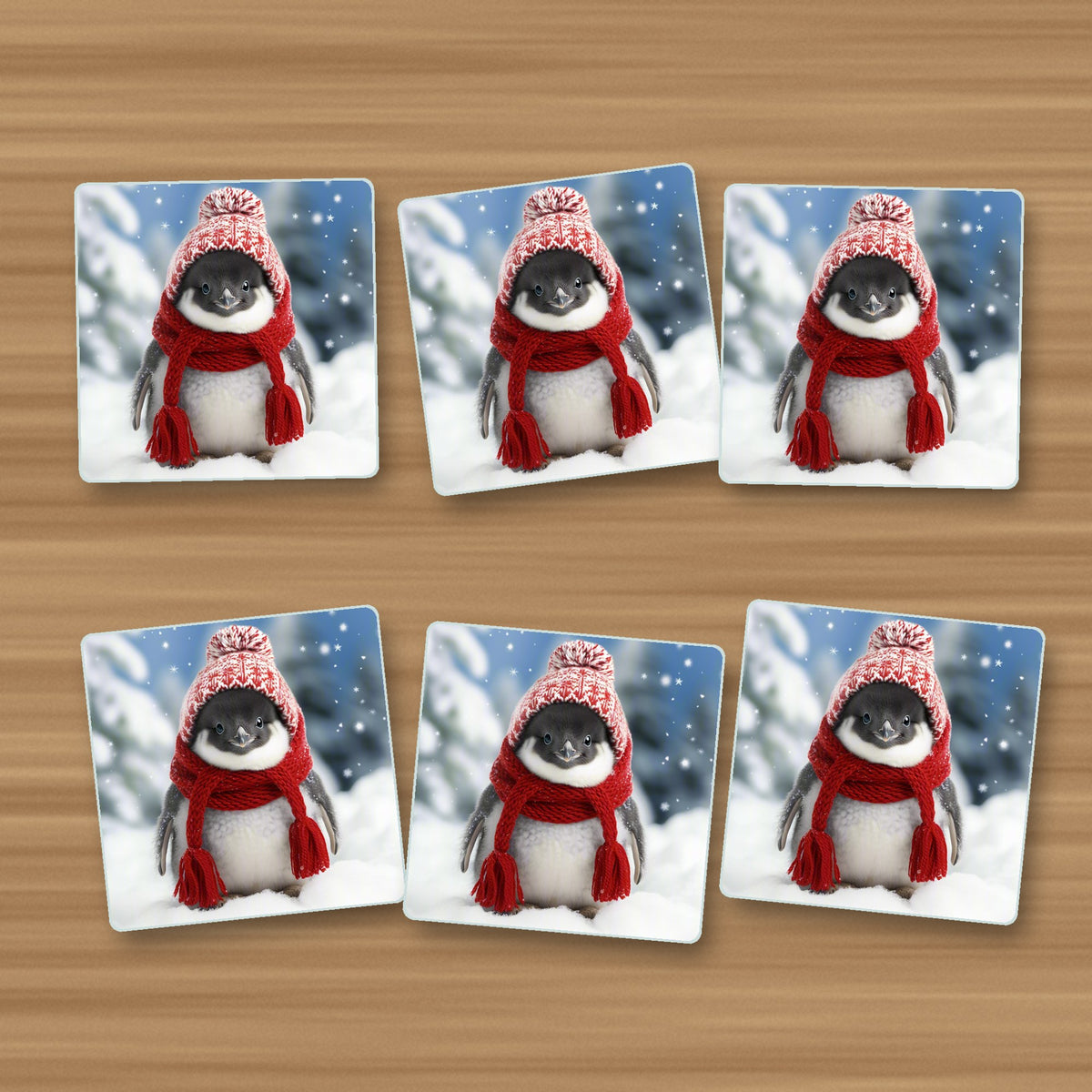 Penguin Chick in the Snow square glass coasters, set of 6, on an oak coffee table