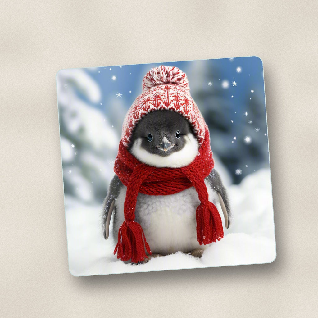 Close-up of one penguin chick in the snow square glass coaster, flat UV print