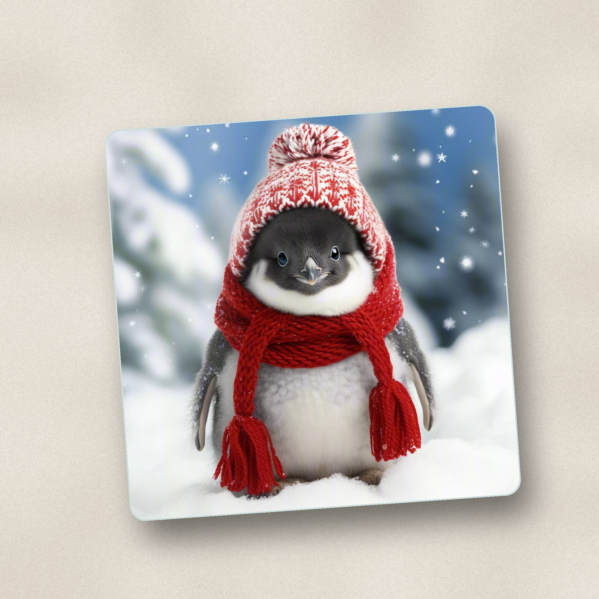 Close-up of one penguin chick in the snow square glass coaster, flat UV print