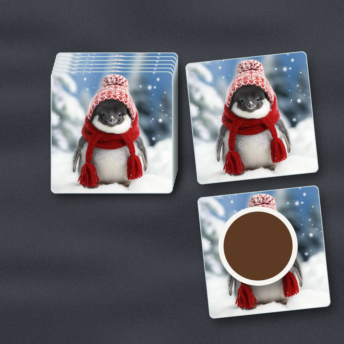 Penguin Chick in the Snow square glass coasters stacked on a slate kitchen worktop