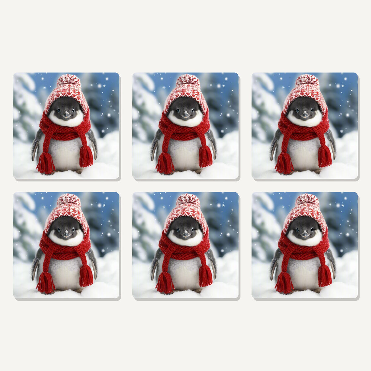 Flat lay of the penguin chick in the snow artwork on six square coasters