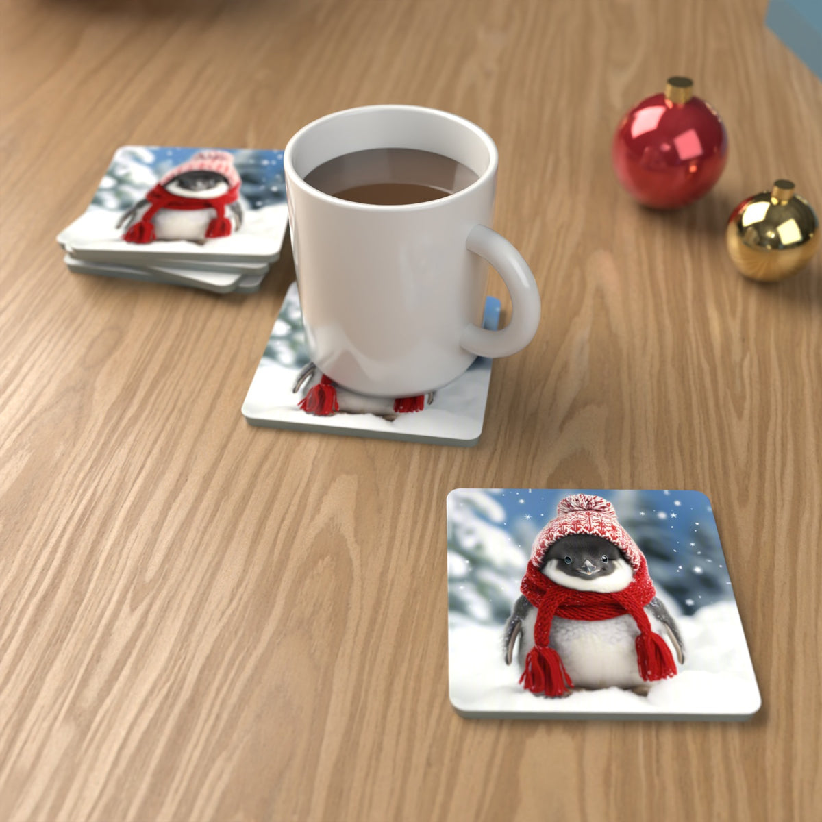 Penguin Chick in the Snow Square Glass Coasters – Set of 6 – lifestyle mockup with a mug of coffee