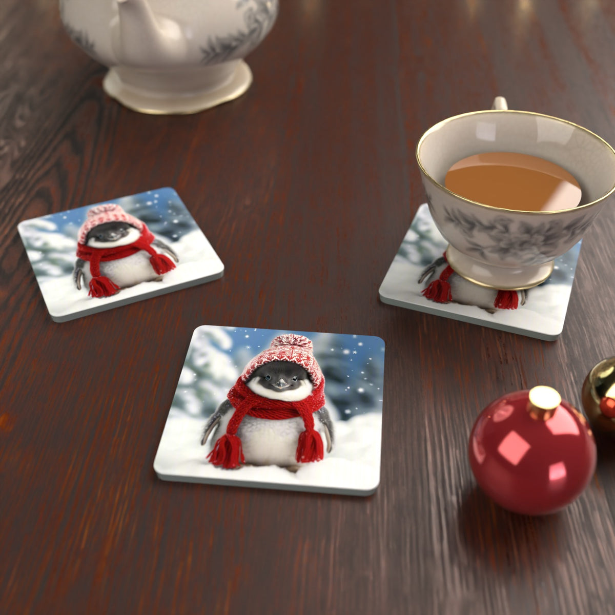 Penguin Chick in the Snow Square Glass Coasters – Set of 6 – lifestyle mockup with a teacup