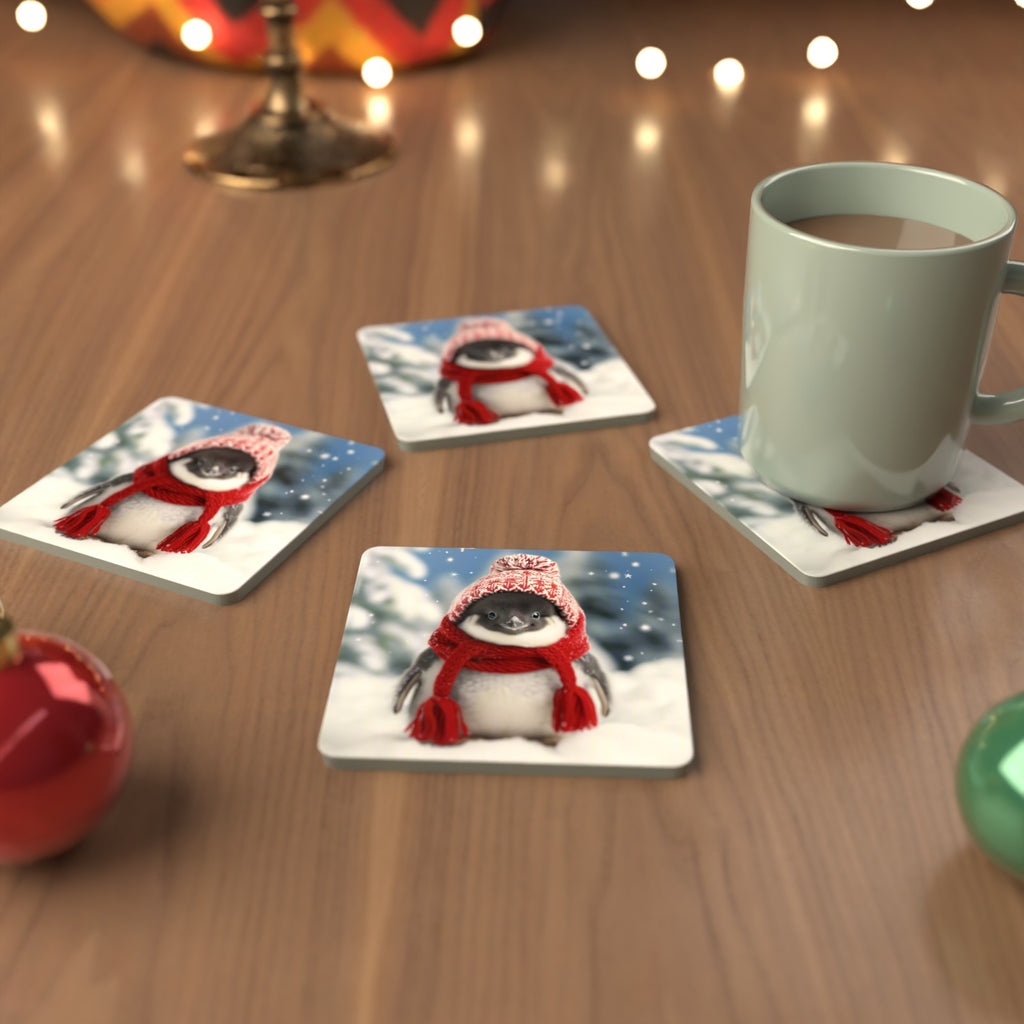 Penguin Chick in the Snow Square Glass Coasters – Set of 6 – cosy lifestyle mockup