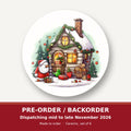Christmas Cottage with Father Christmas round ceramic coaster set of 6 – pre-order / backorder, dispatching mid to late November 2026