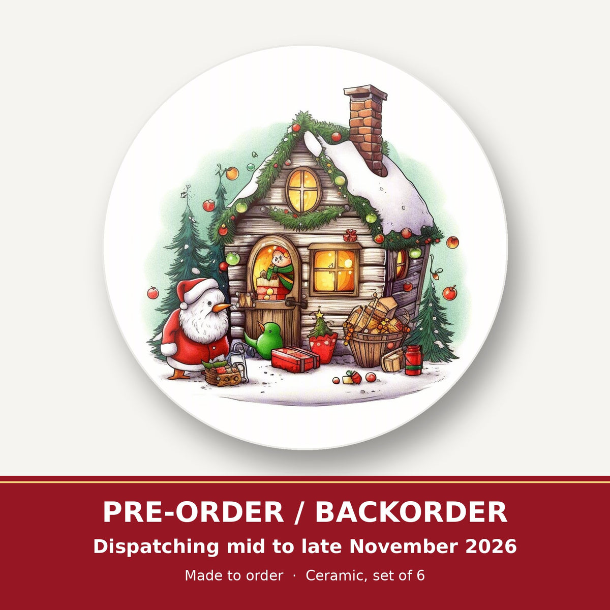 Christmas Cottage with Father Christmas round ceramic coaster set of 6 – pre-order / backorder, dispatching mid to late November 2026