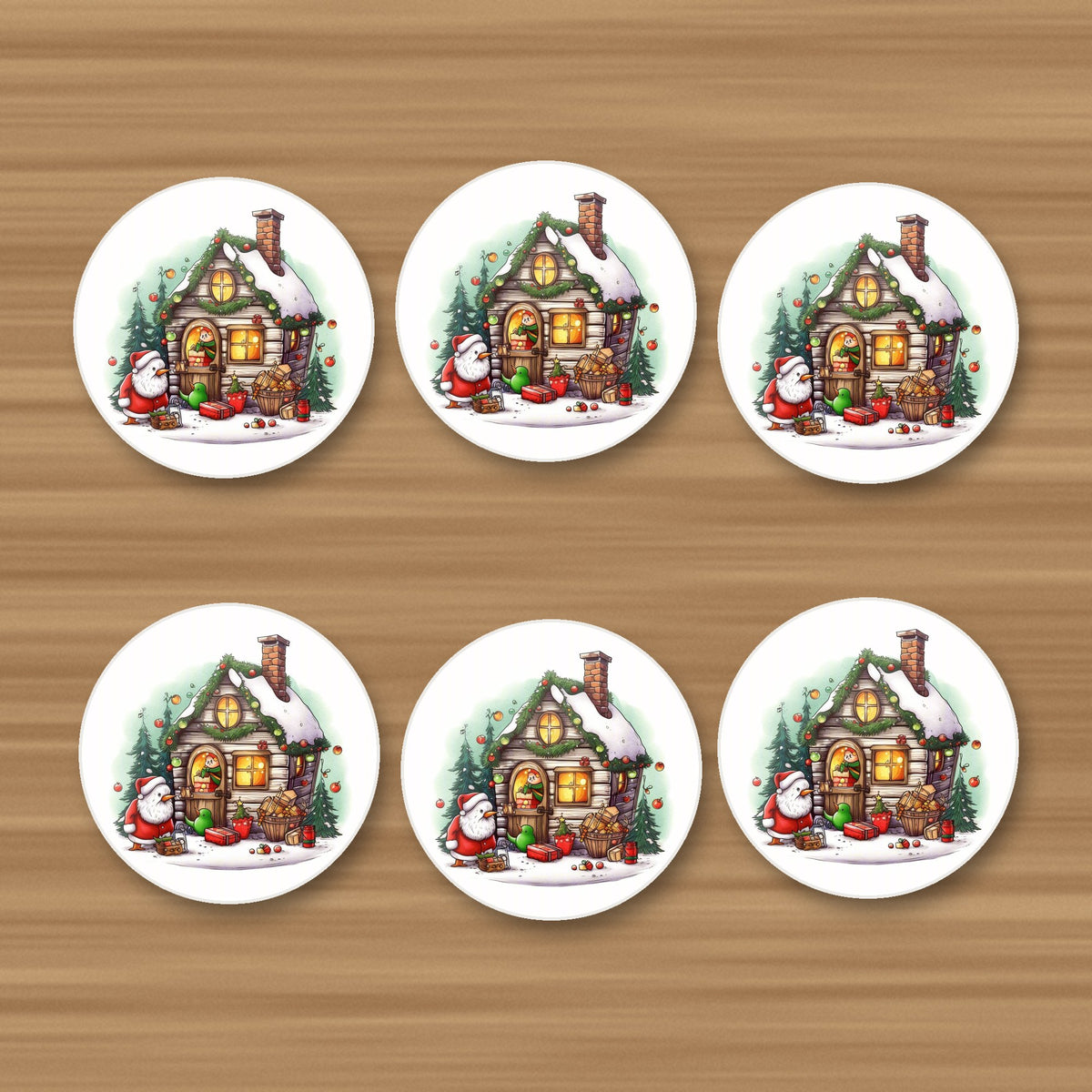 Christmas Cottage with Father Christmas round ceramic coasters, set of 6, on an oak coffee table