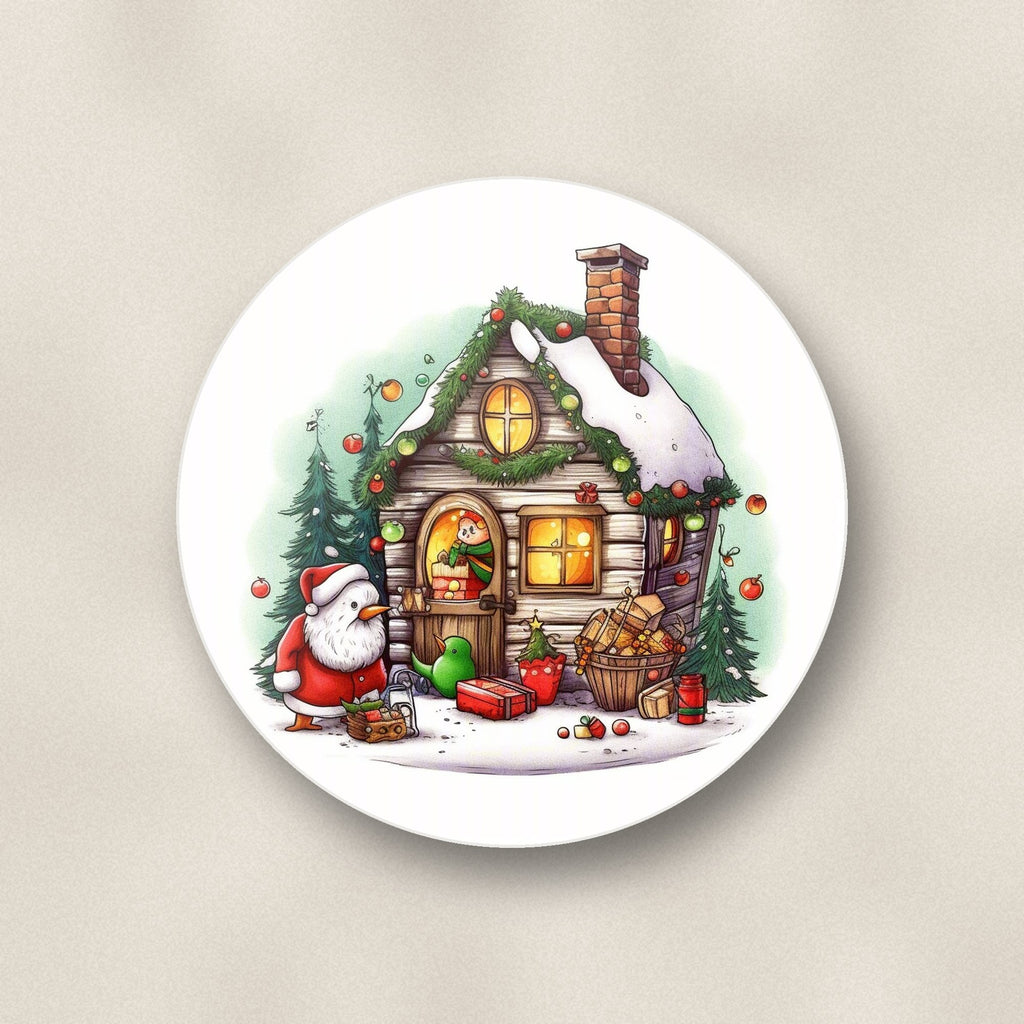 Close-up of one christmas cottage with father christmas round ceramic coaster, flat UV print