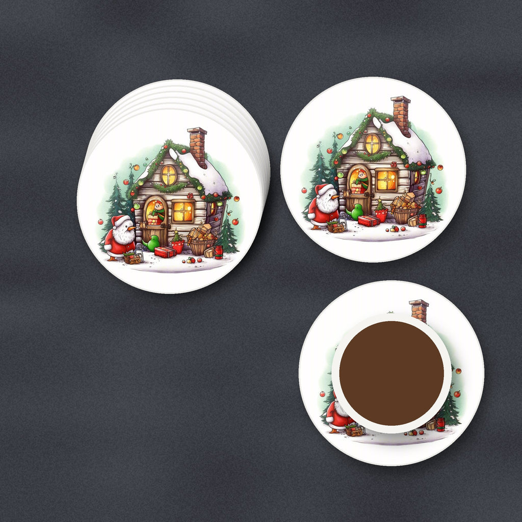 Christmas Cottage with Father Christmas round ceramic coasters stacked on a slate kitchen worktop