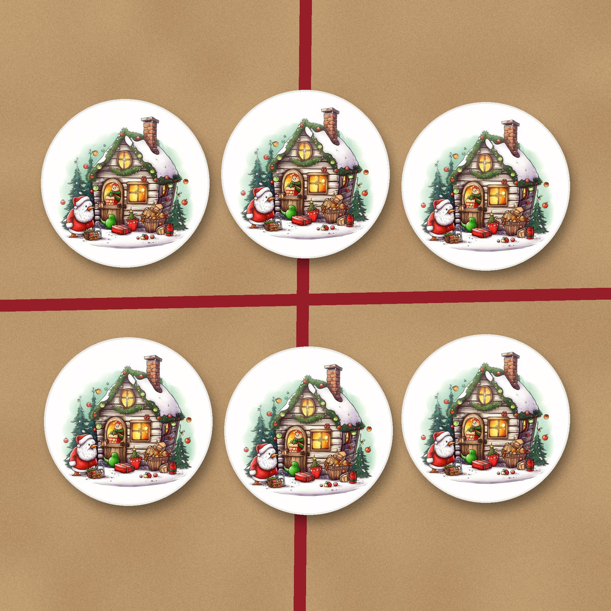 Christmas Cottage with Father Christmas round ceramic coasters on kraft gift wrap