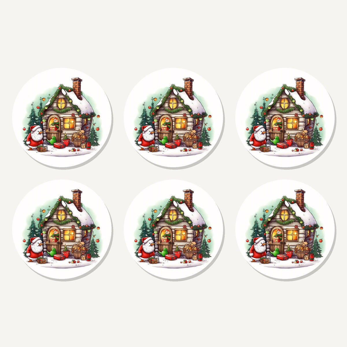 Flat lay of the christmas cottage with father christmas artwork on six round coasters