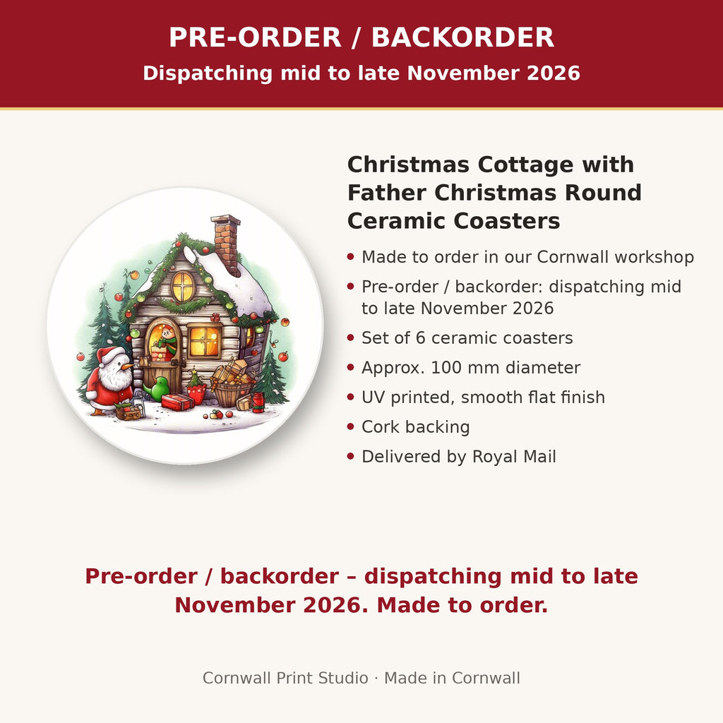 Info card: Christmas Cottage with Father Christmas Round Ceramic Coasters – Set of 6, made to order, dispatching mid to late November 2026, delivered by Royal Mail