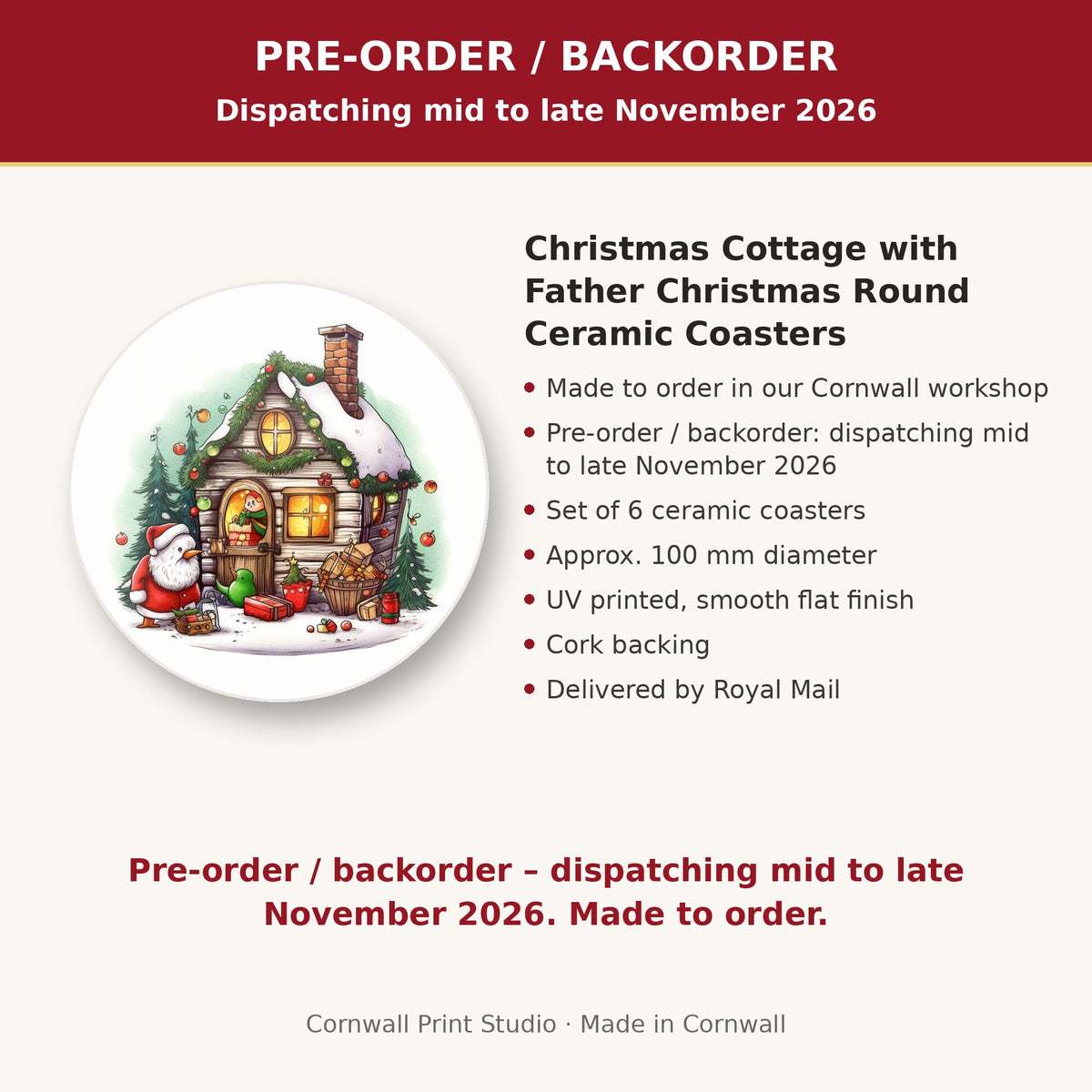 Info card: Christmas Cottage with Father Christmas Round Ceramic Coasters – Set of 6, made to order, dispatching mid to late November 2026, delivered by Royal Mail