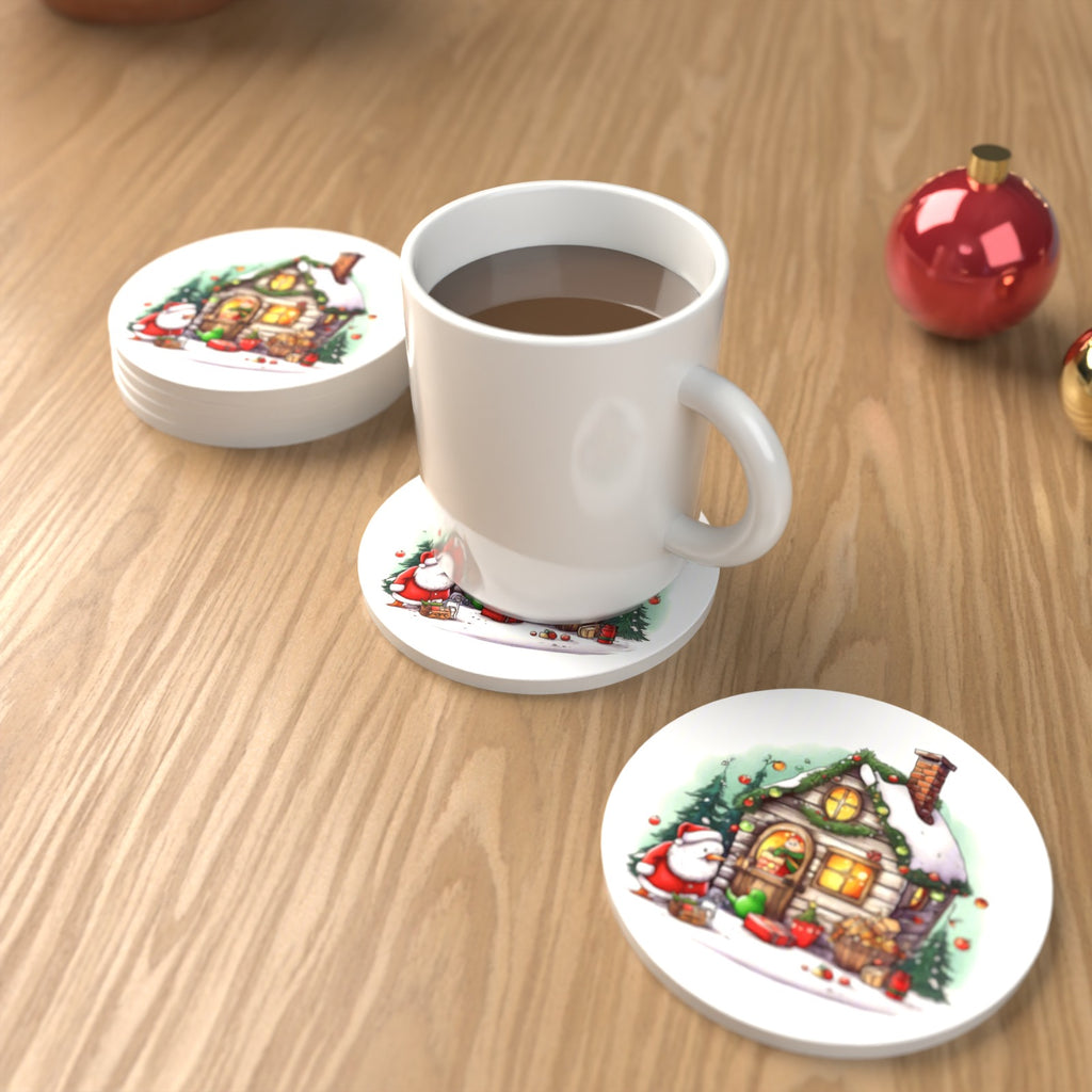 Christmas Cottage with Father Christmas Round Ceramic Coasters – Set of 6 – lifestyle mockup with a mug of coffee