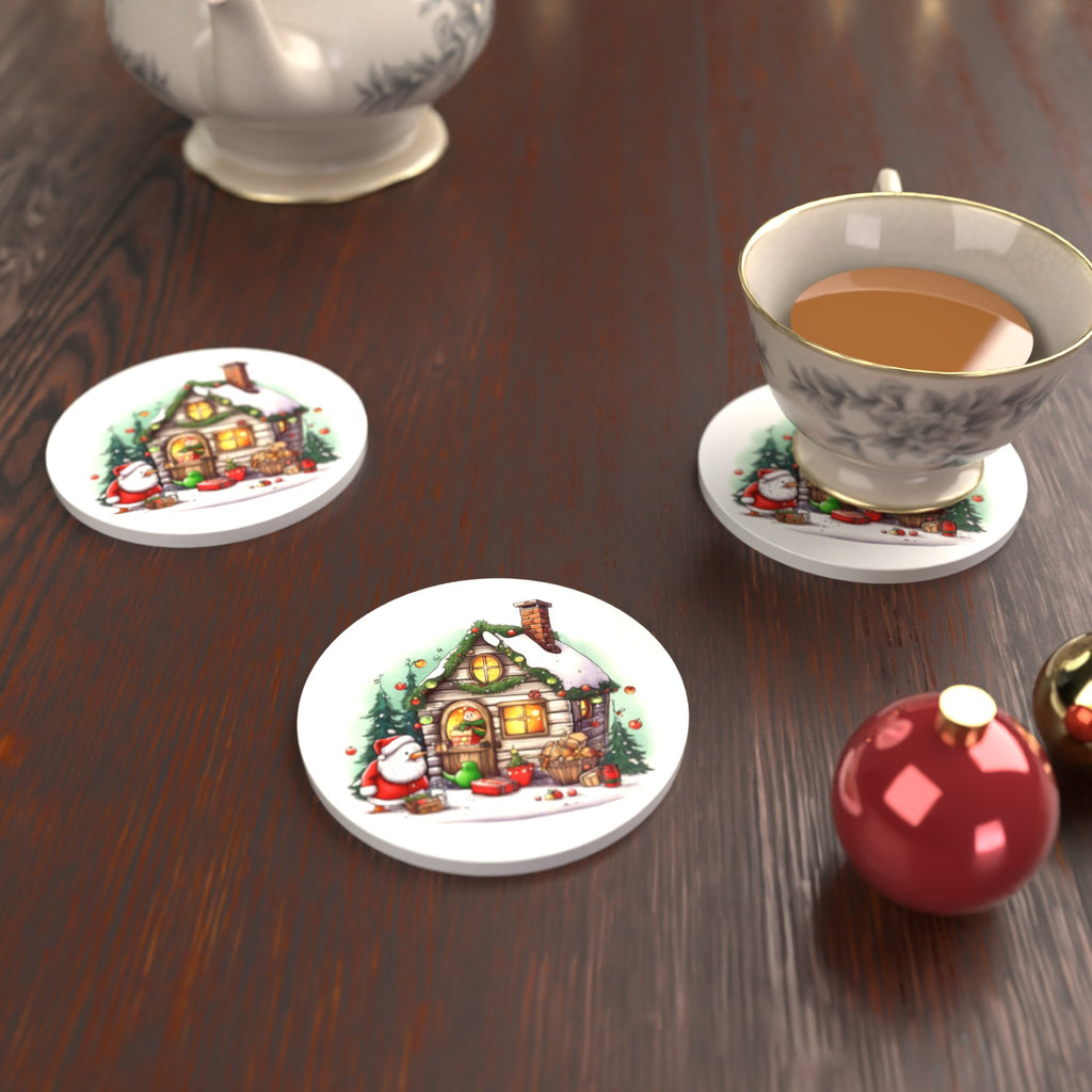 Christmas Cottage with Father Christmas Round Ceramic Coasters – Set of 6 – lifestyle mockup with a teacup