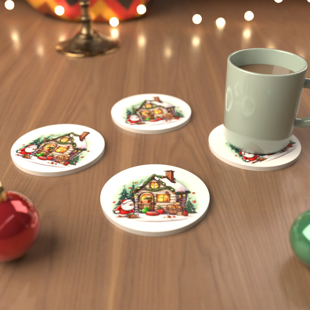 Christmas Cottage with Father Christmas Round Ceramic Coasters – Set of 6 – cosy lifestyle mockup