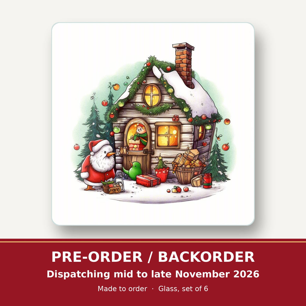Christmas Cottage with Father Christmas square glass coaster set of 6 – pre-order / backorder, dispatching mid to late November 2026