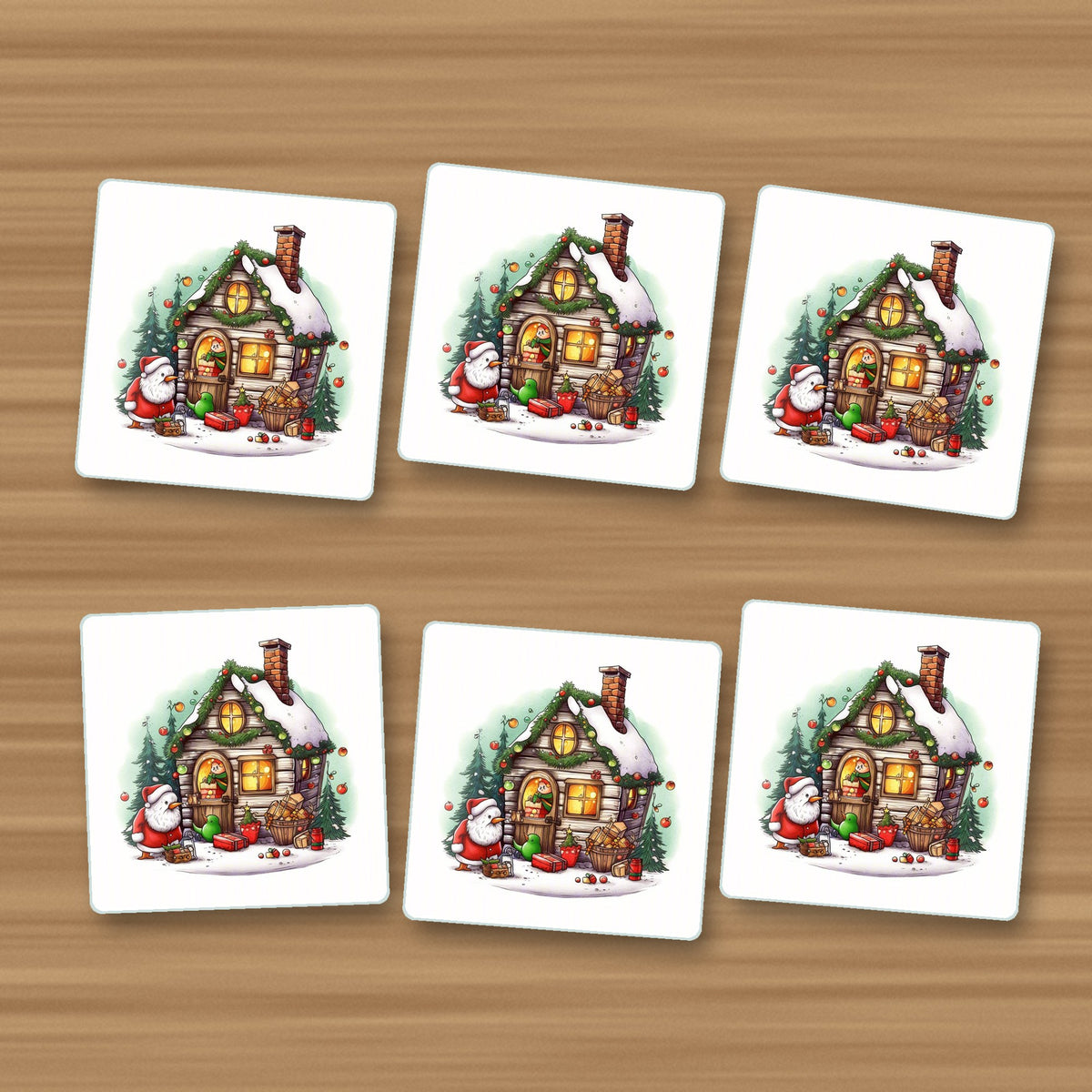 Christmas Cottage with Father Christmas square glass coasters, set of 6, on an oak coffee table