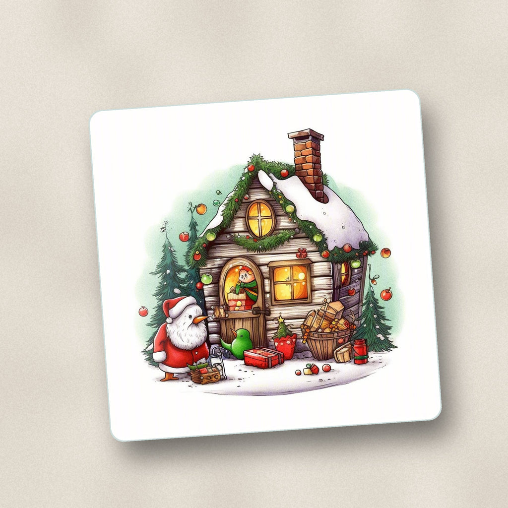Close-up of one christmas cottage with father christmas square glass coaster, flat UV print