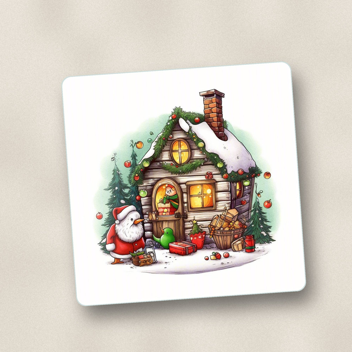 Close-up of one christmas cottage with father christmas square glass coaster, flat UV print