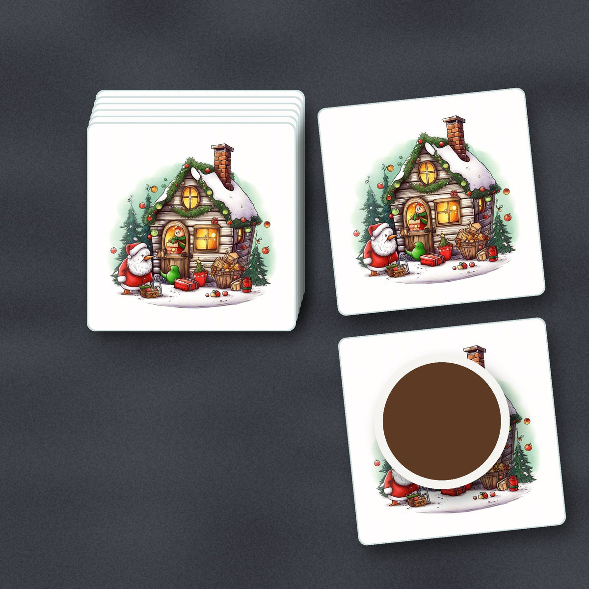 Christmas Cottage with Father Christmas square glass coasters stacked on a slate kitchen worktop