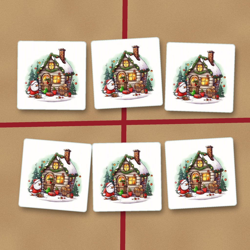 Christmas Cottage with Father Christmas square glass coasters on kraft gift wrap