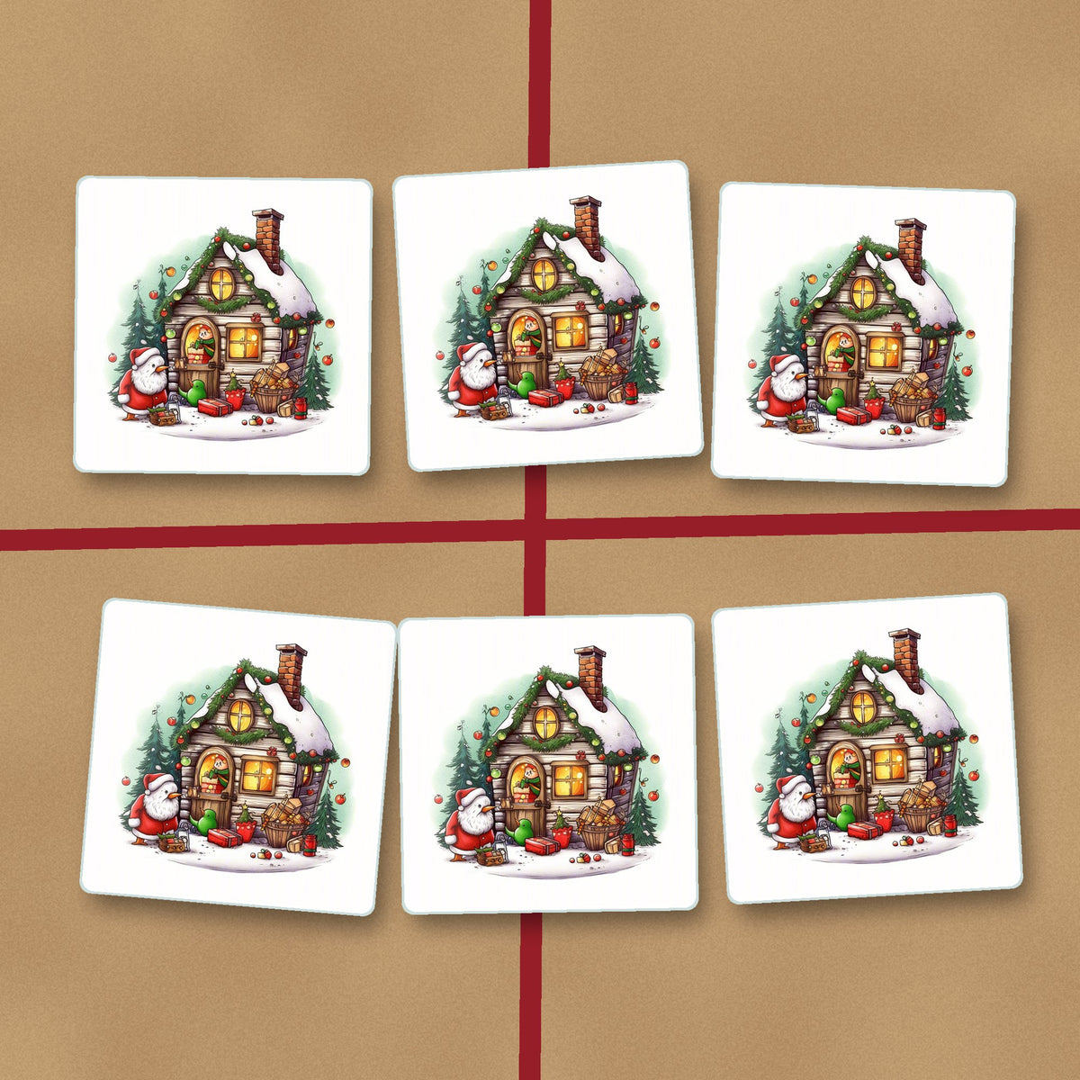 Christmas Cottage with Father Christmas square glass coasters on kraft gift wrap
