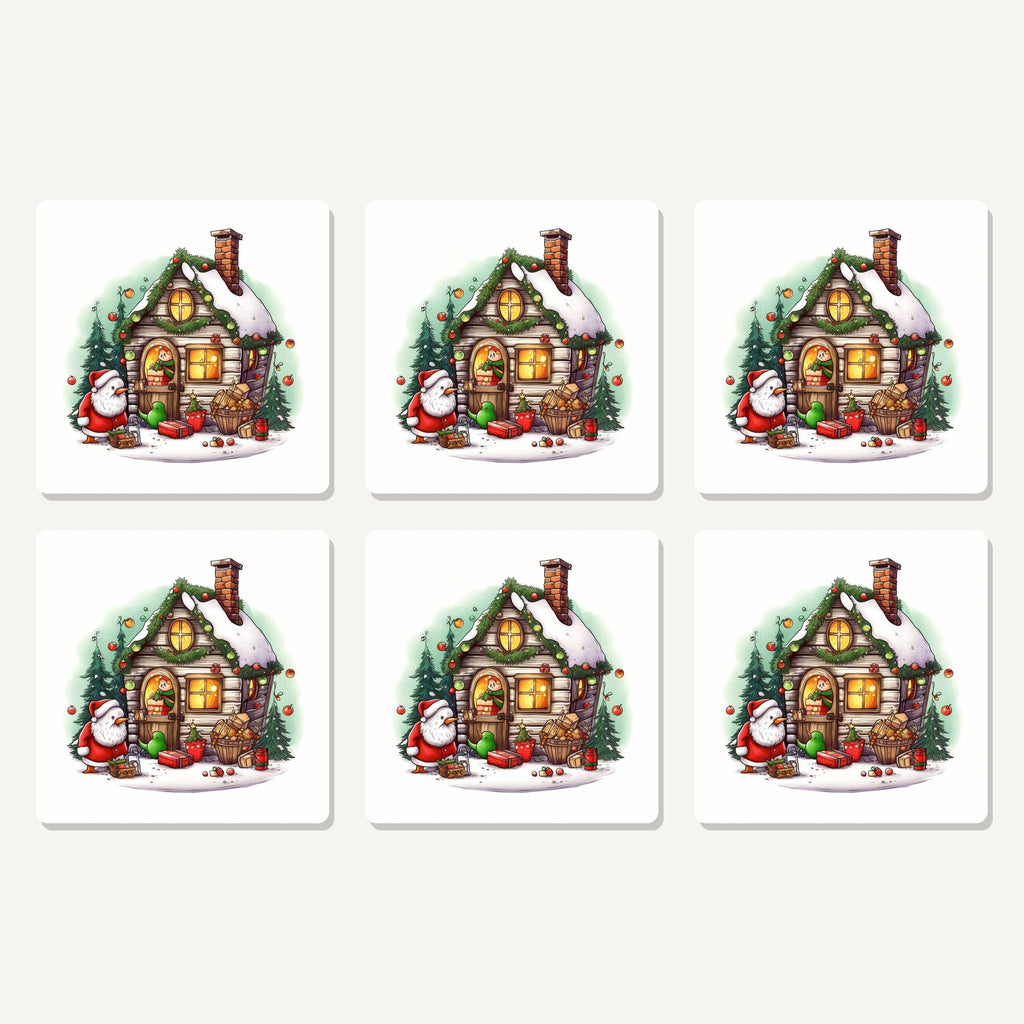 Flat lay of the christmas cottage with father christmas artwork on six square coasters