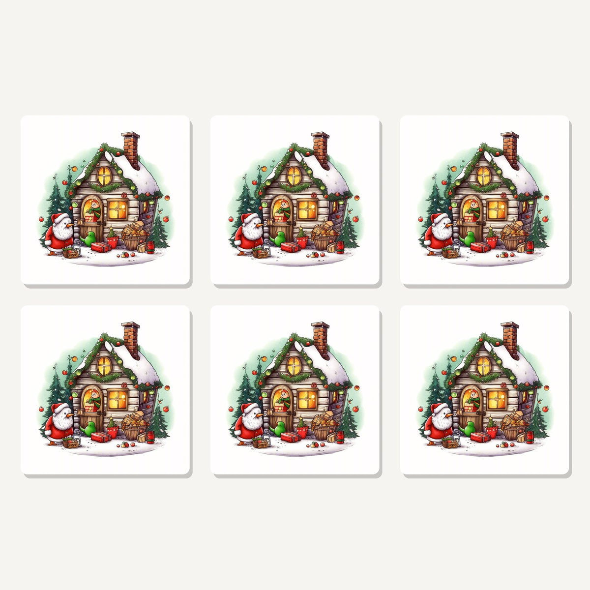 Flat lay of the christmas cottage with father christmas artwork on six square coasters