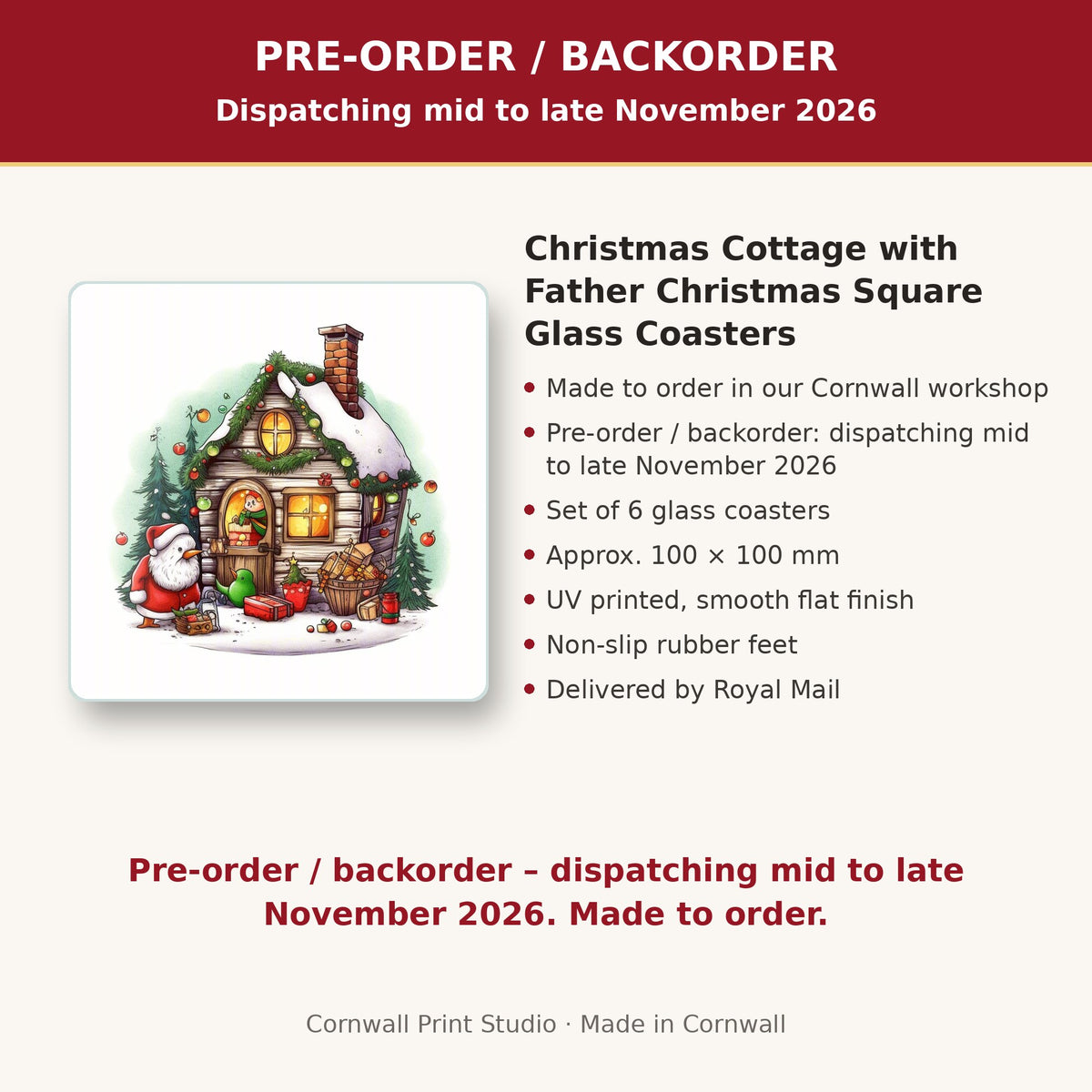 Info card: Christmas Cottage with Father Christmas Square Glass Coasters – Set of 6, made to order, dispatching mid to late November 2026, delivered by Royal Mail