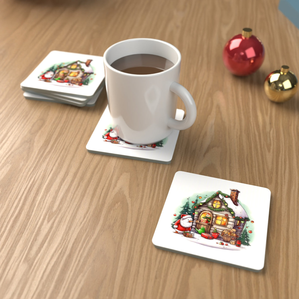 Christmas Cottage with Father Christmas Square Glass Coasters – Set of 6 – lifestyle mockup with a mug of coffee
