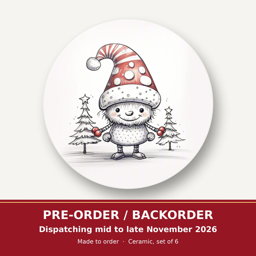 Sketch Snow Sprite in a Spotty Hat round ceramic coaster set of 6 – pre-order / backorder, dispatching mid to late November 2026