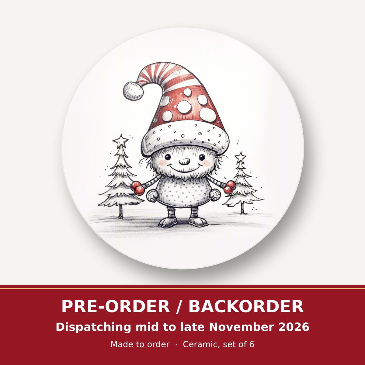 Sketch Snow Sprite in a Spotty Hat round ceramic coaster set of 6 – pre-order / backorder, dispatching mid to late November 2026