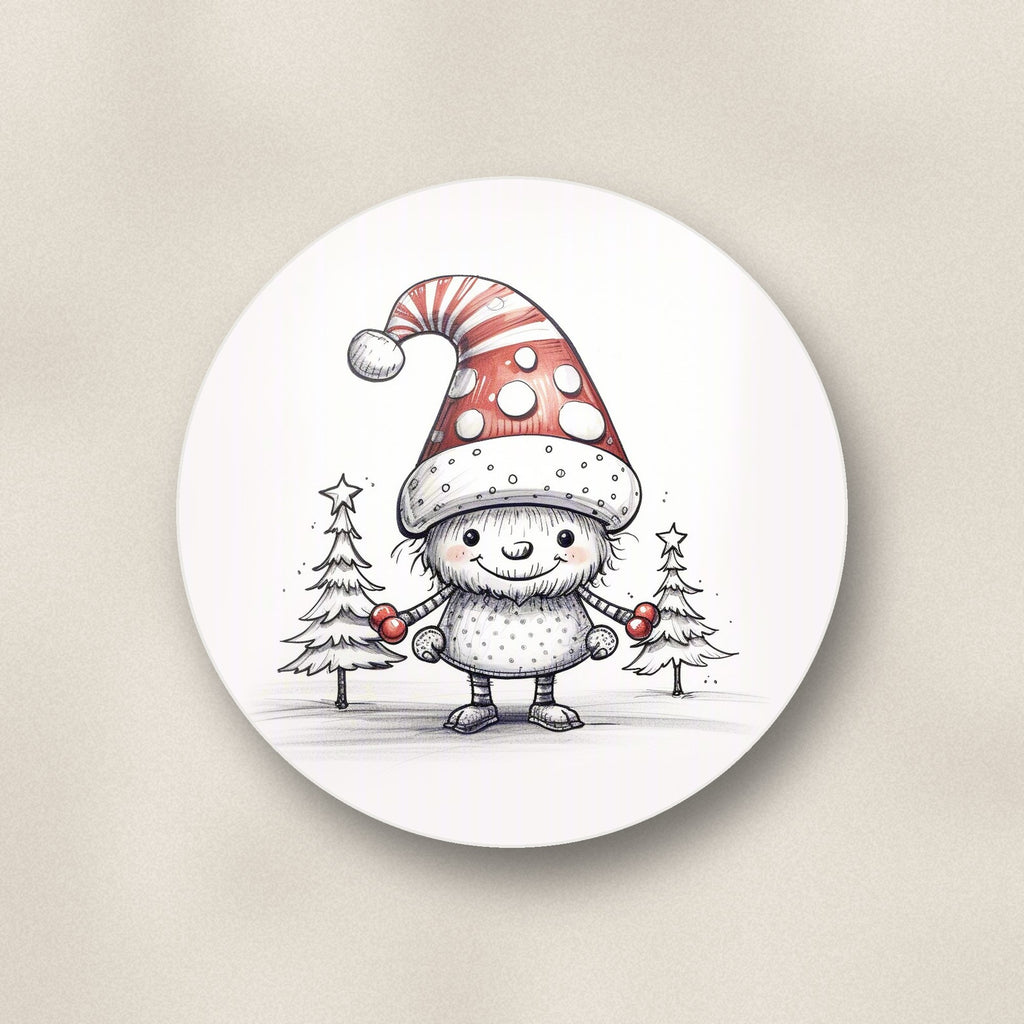 Close-up of one sketch snow sprite in a spotty hat round ceramic coaster, flat UV print